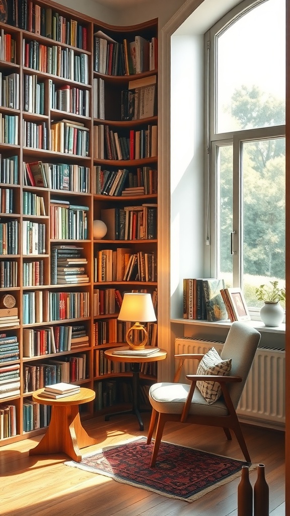 A cozy home library corner with bookshelves, a comfortable chair, and soft lighting.