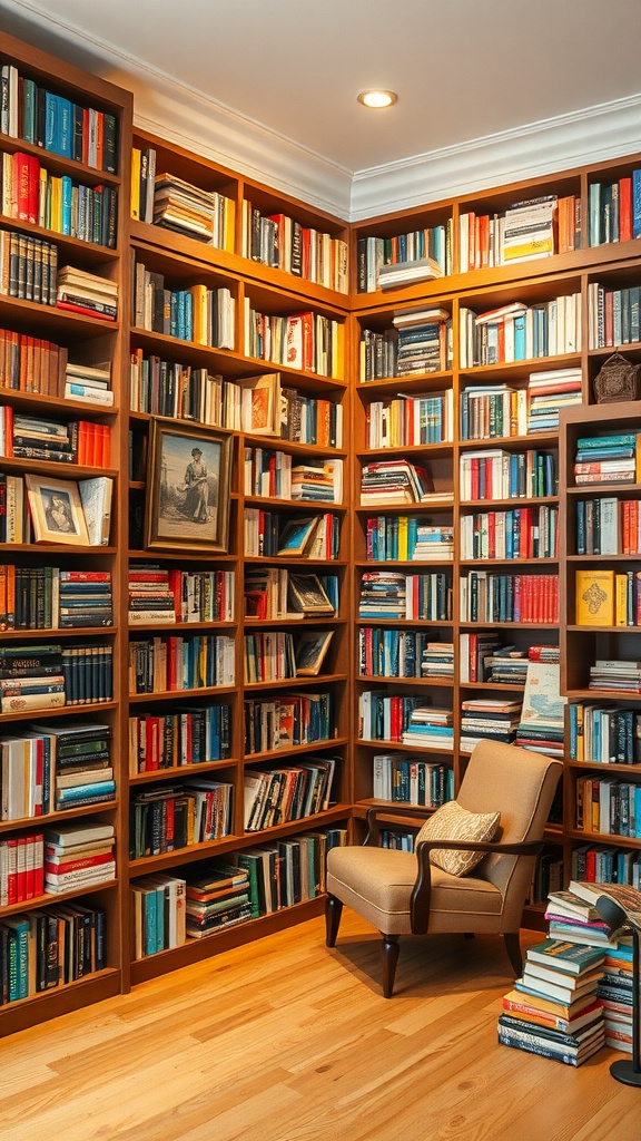 A cozy home library wall filled with books and a comfortable chair