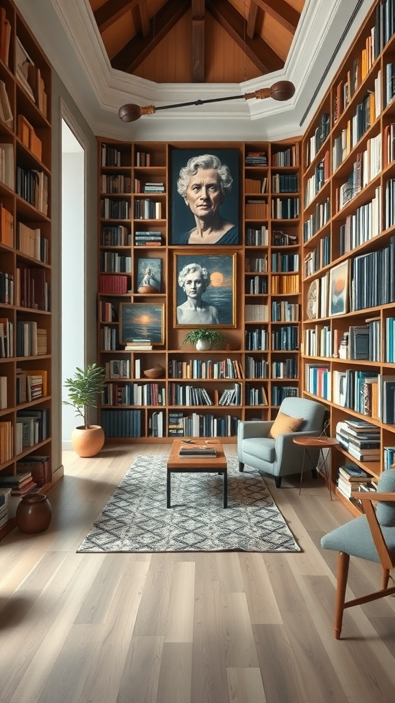 A home library designed to feel like an art gallery, featuring bookshelves, artwork on the walls, and cozy seating.