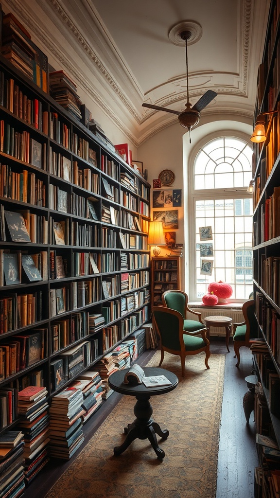 Cozy home library with shelves of books and vintage postcards, featuring green chairs and warm lighting.