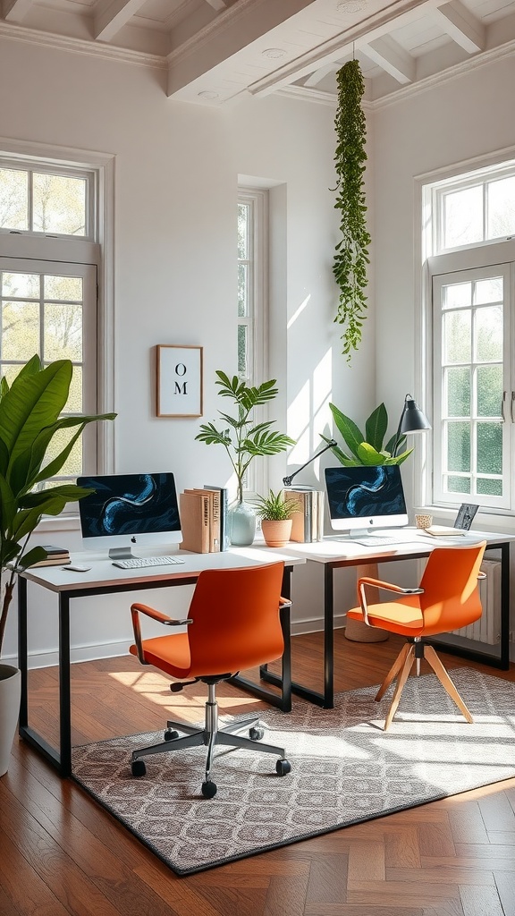 A bright home office for two featuring two desks with orange chairs, plants, and large windows.