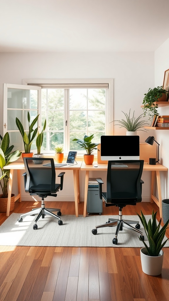 A bright home office for two with wooden desks, chairs, and plants
