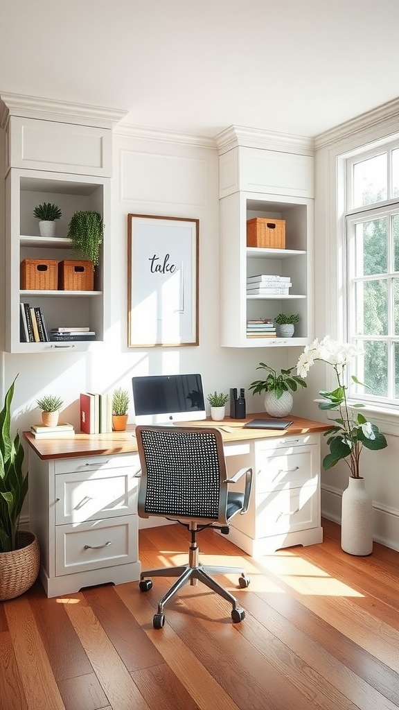 A bright and organized home office featuring a custom built-in desk with plants and shelves