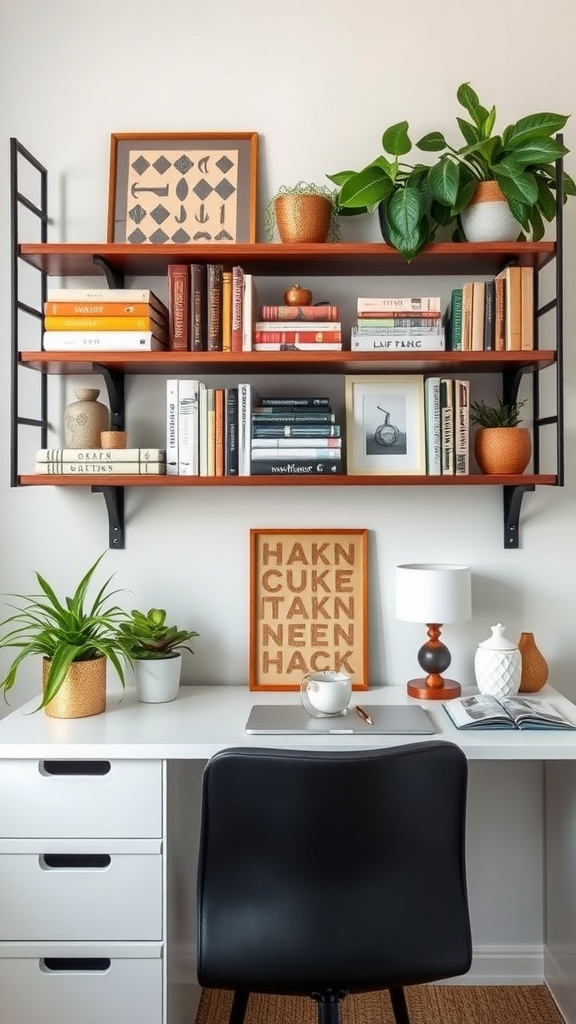Decorative shelves in a stylish home office featuring books, plants, and unique items.