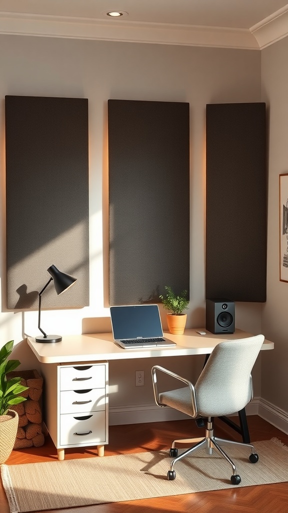 A home office featuring acoustic panels, a desk with a laptop, and a stylish chair, set in a cozy and functional environment.