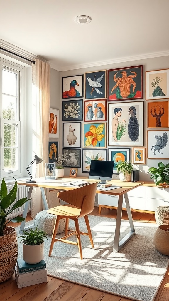 A cozy home office with a gallery wall filled with colorful art, a sleek desk, and plants.