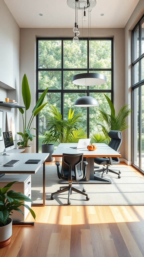 Bright home office with conference area, large windows, modern desks and plants