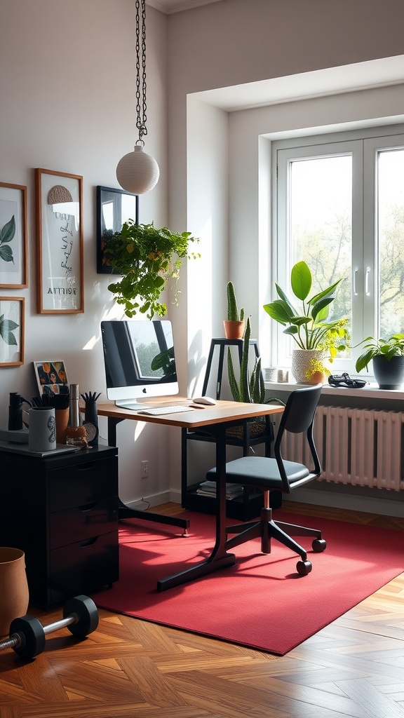 A cozy home office with a desk, chair, plants, and a dumbbell on a red rug.