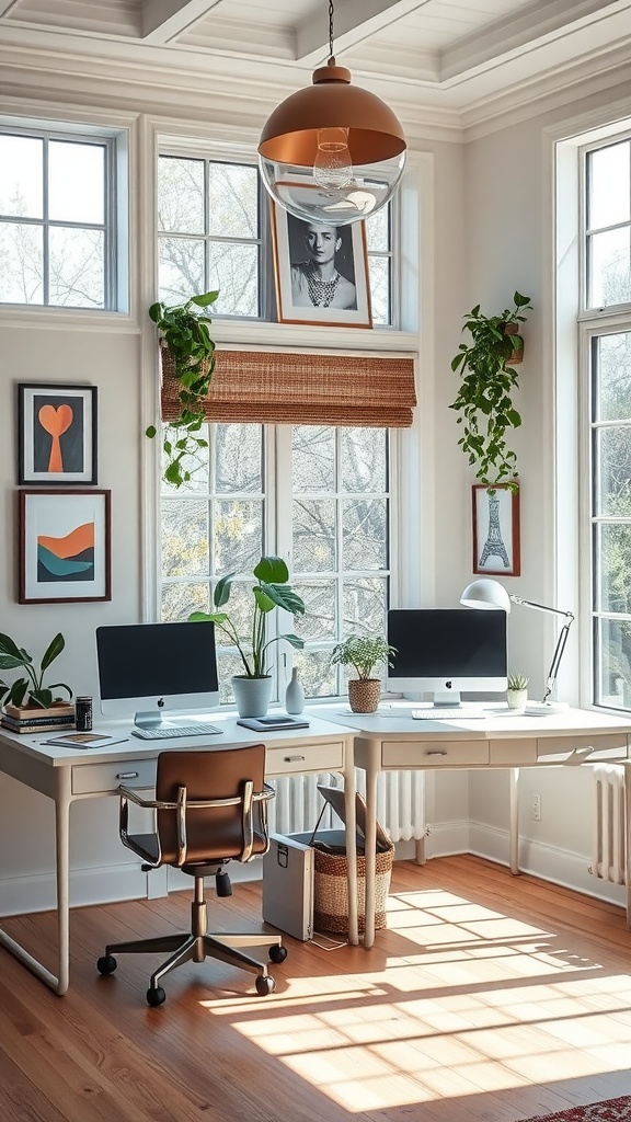 A well-designed home office for two featuring two desks, large windows, plants, and modern decor.
