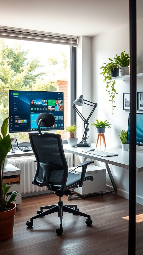 A modern home office setup featuring an interactive display, ergonomic chair, desk, and plants, with natural light coming through the window.