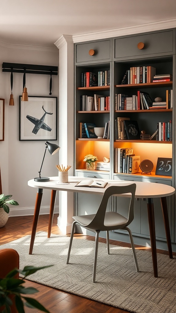 A home office with a sleek desk and a library-style bookcase filled with books.