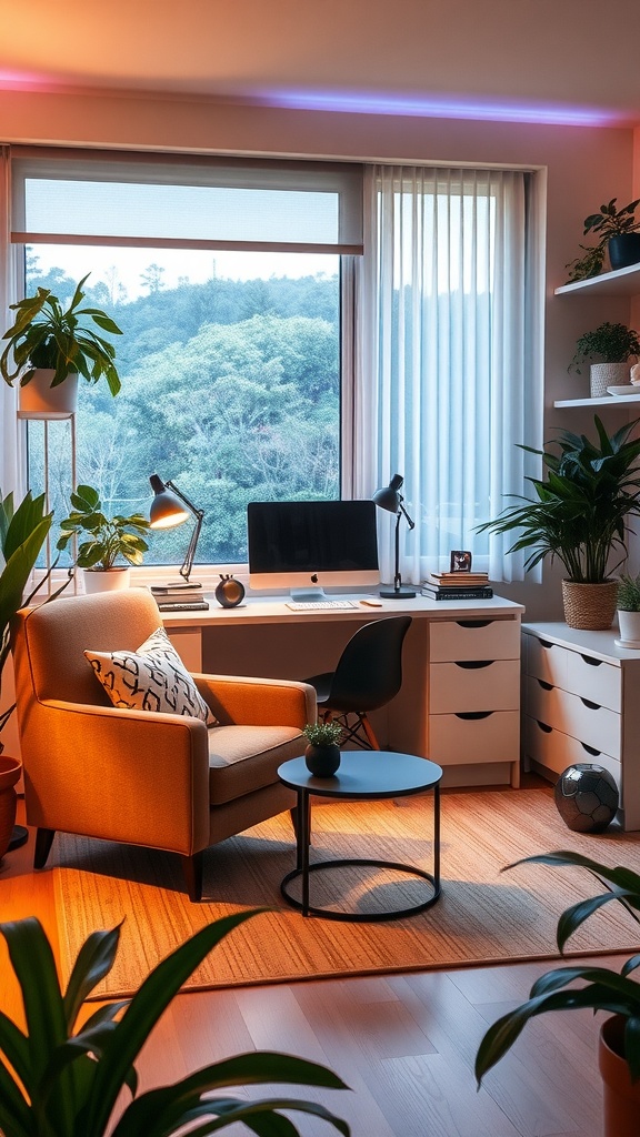 A cozy home office with a lounge space featuring a comfortable armchair, desk, and plants.