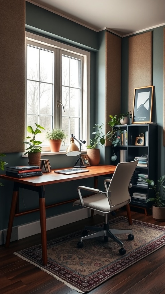 Cozy home office with soundproofing features, plants, and an ergonomic chair.