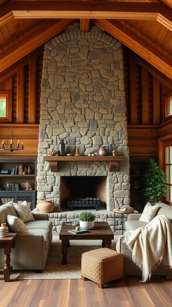 Rustic farmhouse living room with a stone fireplace, cozy sofas, and wooden accents