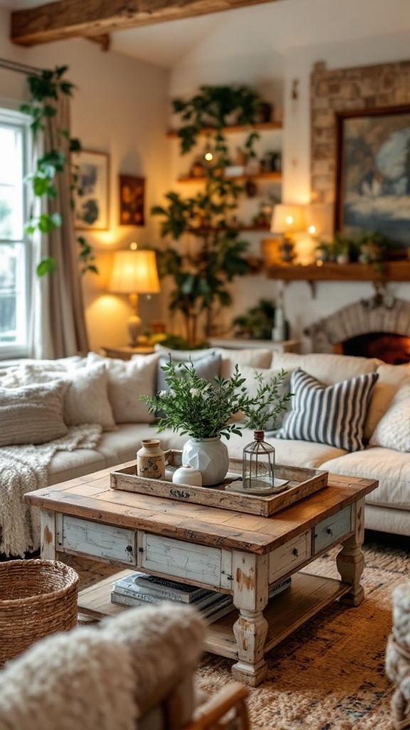 A cozy rustic farmhouse living room featuring a wooden coffee table, plush seating, and open shelving with decorative items.