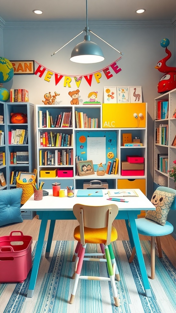 A colorful homework and art room for kids featuring a bright table, cheerful decorations, and bookshelves filled with supplies.