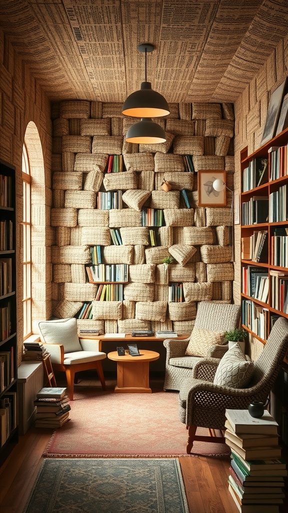 Cozy reading corner featuring warm tones and textured wall