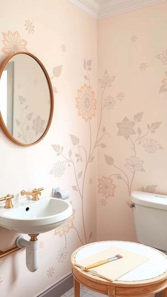 A bathroom with soft pink walls featuring floral stencils, a round mirror, and a stylish sink.