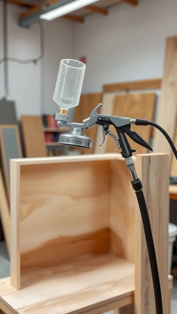 An HVLP spray gun positioned in a workshop, ready to paint a cabinet.