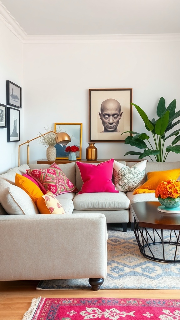 A cozy living room with a light sofa adorned with colorful pillows, a coffee table, and vibrant decor.
