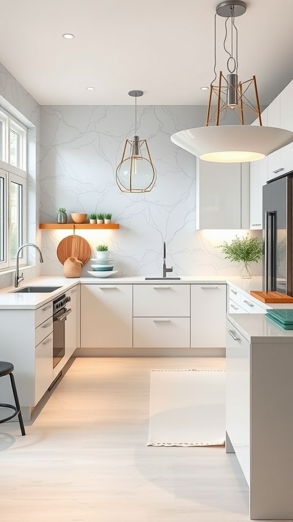 A modern kitchen featuring light colors and a bright ambiance, showcasing the Iceberg paint color.