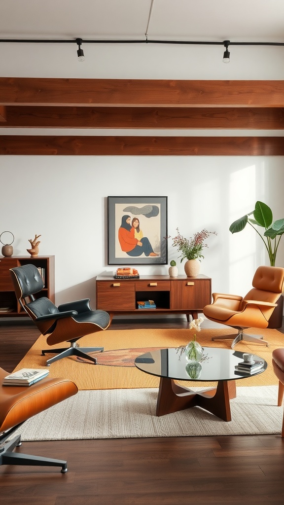 A stylish Mid-Century Modern living room featuring iconic furniture pieces like a lounge chair and ottoman, a sculptural coffee table, and warm wooden cabinetry.