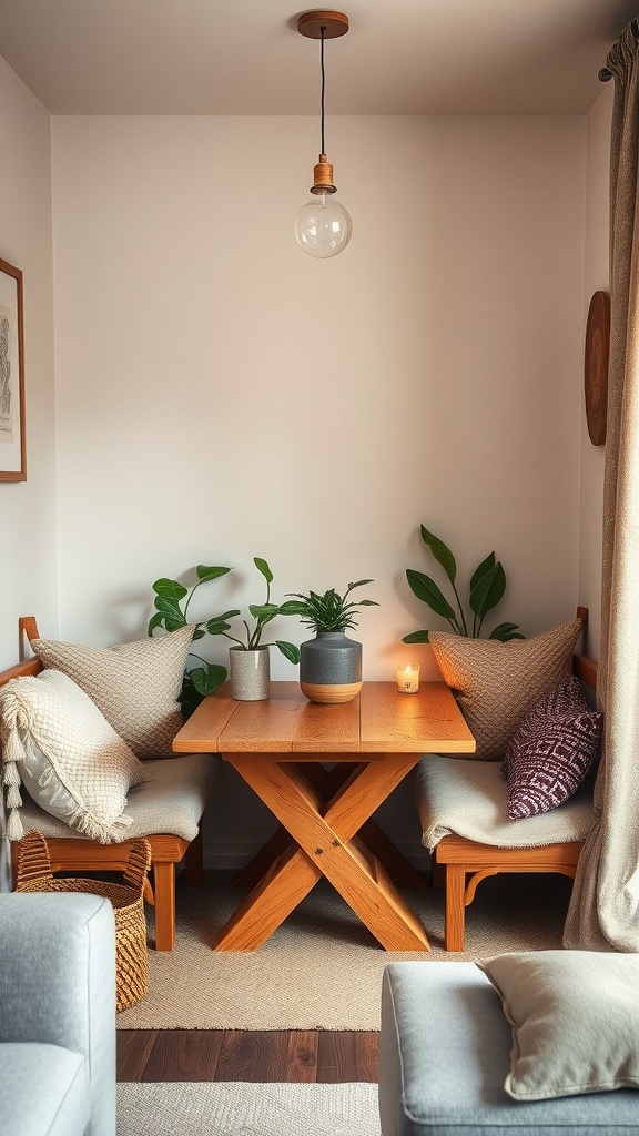 A cozy corner dining nook with a wooden table, cushions, plants, and a candle