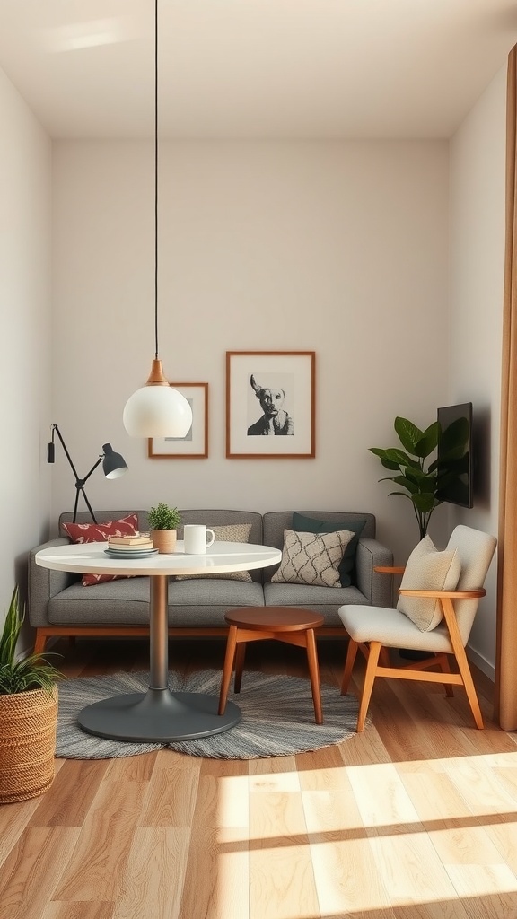 Cozy living dining room combo with low profile furniture, featuring a gray sofa, round dining table, and soft lighting.