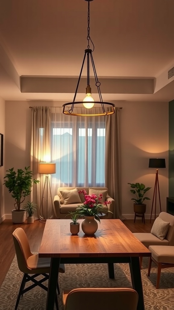 Cozy living-dining room combo with pendant and floor lamps illuminating the space