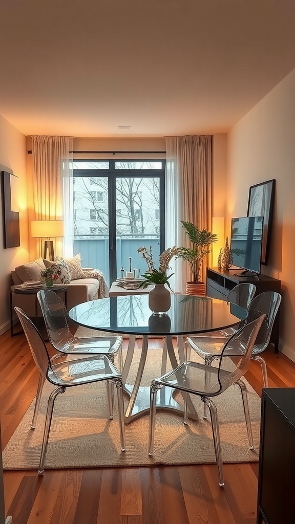 A cozy living dining room featuring transparent furniture including a glass table and clear chairs.