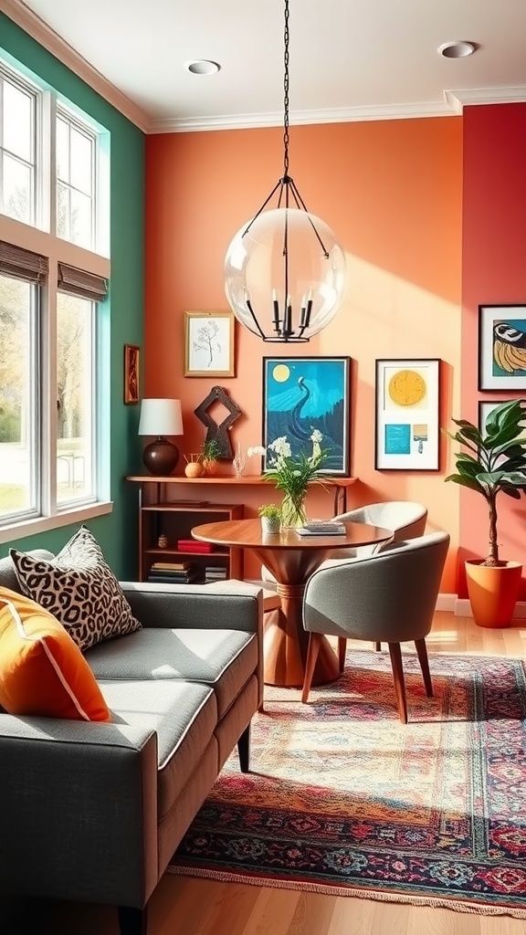 A cozy living dining room combo featuring vibrant orange and teal walls, a stylish pendant light, and a mix of furniture and decor.