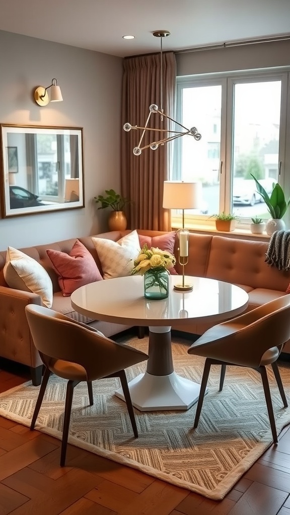 Cozy living dining room with curved couch and round dining table