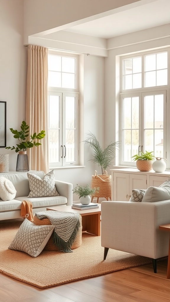 Cozy living dining room combo featuring neutral tones and layered textures