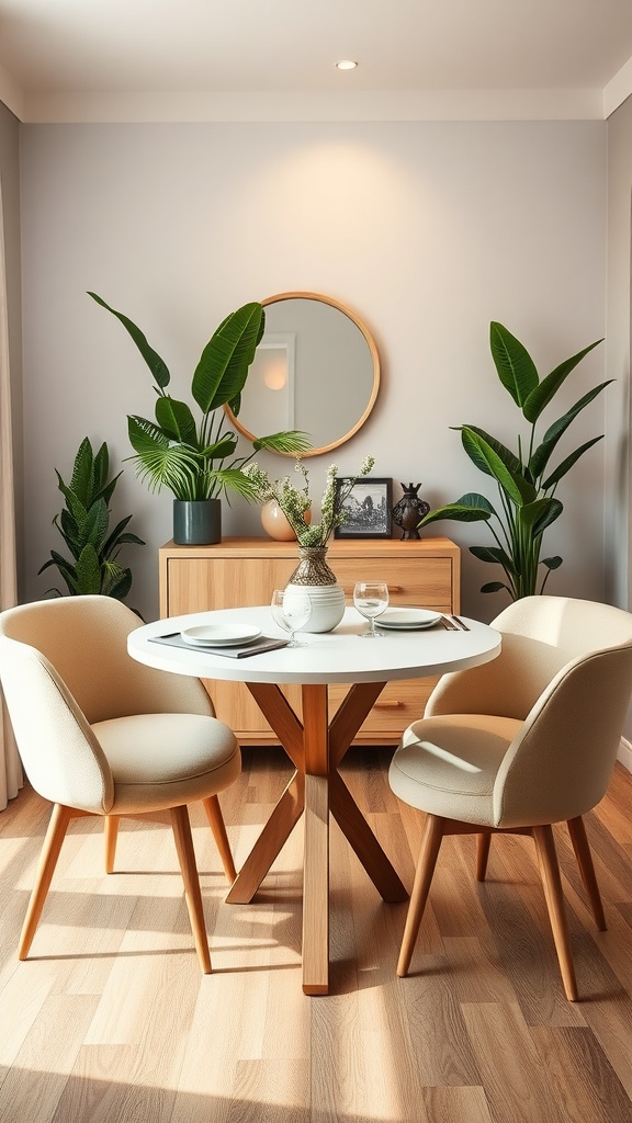 A compact round dining table with two chairs, surrounded by plants and warm wooden details.