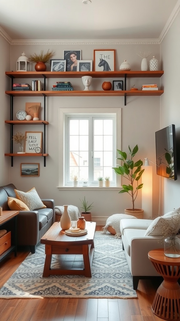 A cozy living and dining room combo featuring open shelves with decorative items and plants.