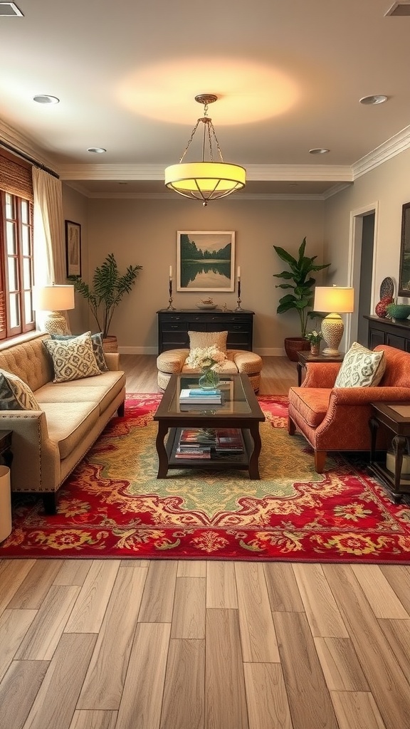 Cozy living room with a vibrant rug that defines zones