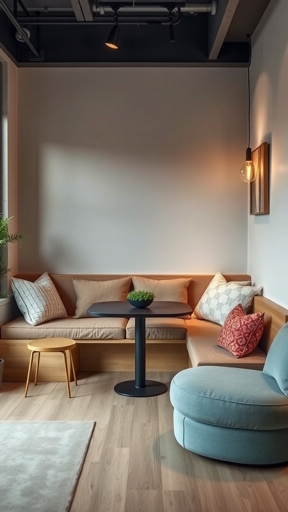 A small cozy living room and dining area featuring multifunctional bench seating, a round table, and decorative pillows.