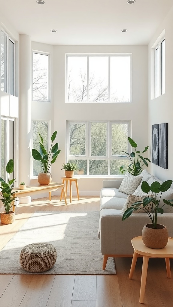 A bright and airy living room with large windows, cozy furniture, and plants.