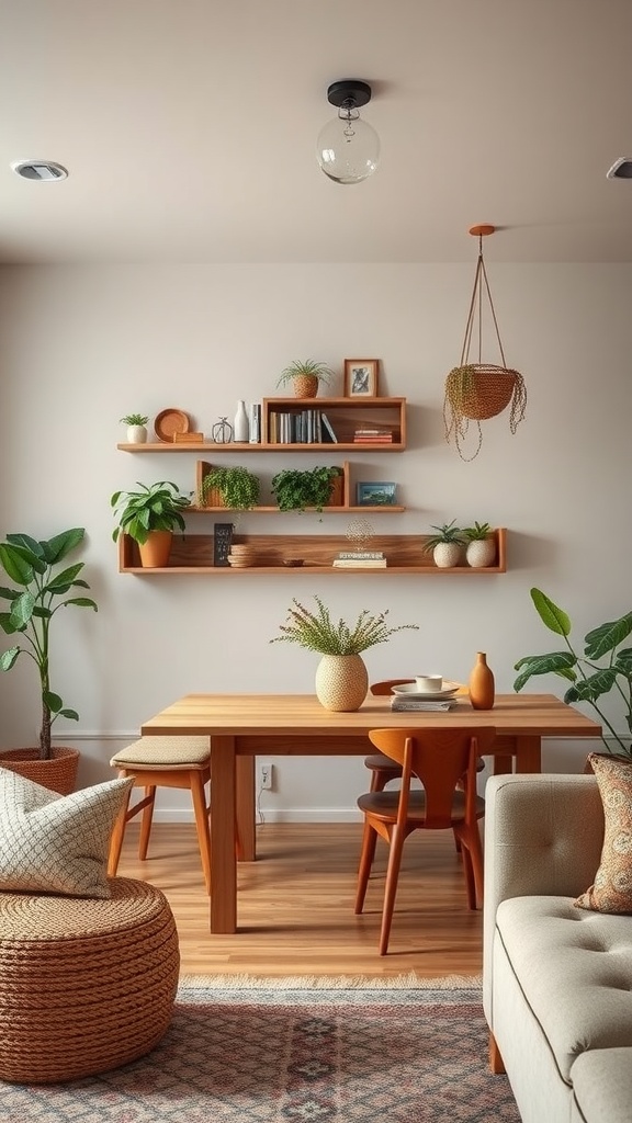 A cozy living dining room combo with wooden furniture, wall-mounted shelves displaying books and plants, and a warm color palette.