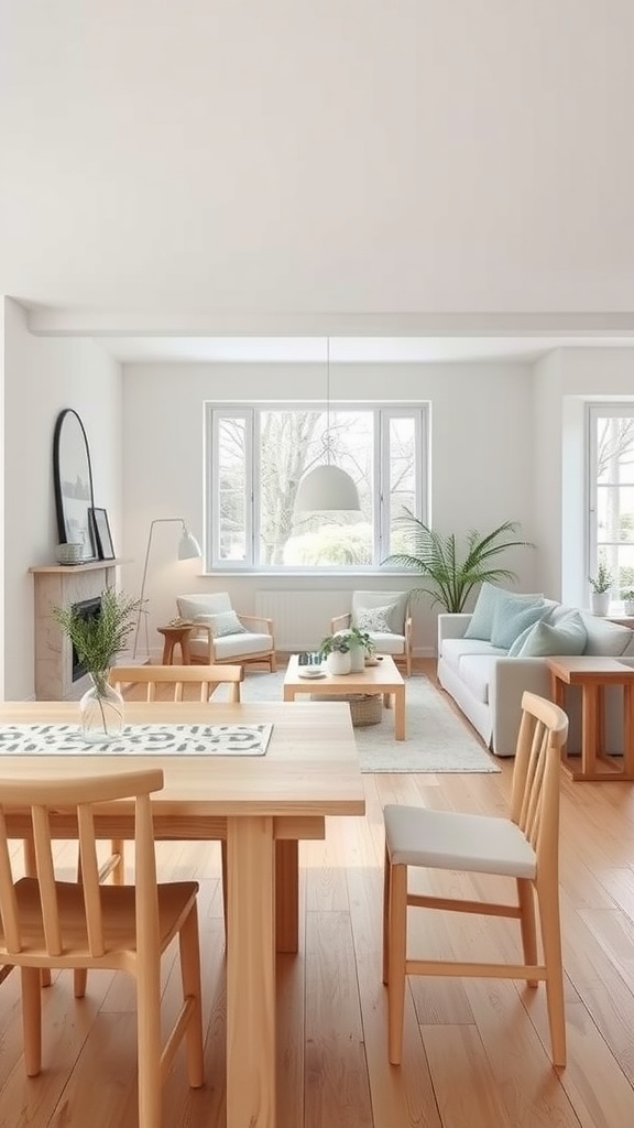 A Scandinavian style living dining room combo with wooden furniture, large windows, and plants.