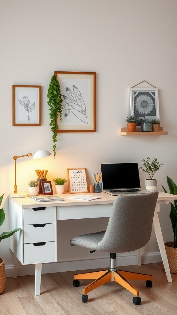 A cozy desk setup featuring a white desk, a comfortable chair, potted plants, and framed art on the wall.