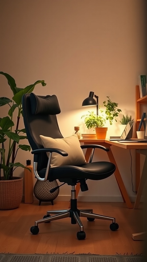 A comfortable black desk chair with a pillow next to a desk with plants and a lamp in a cozy workspace