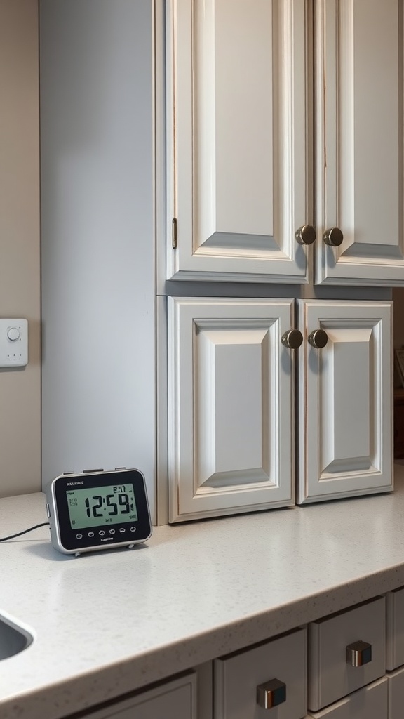 A timer placed next to freshly painted cabinets
