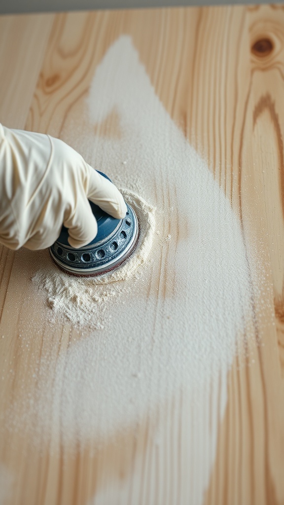 A hand sanding a wooden surface with a sanding tool.