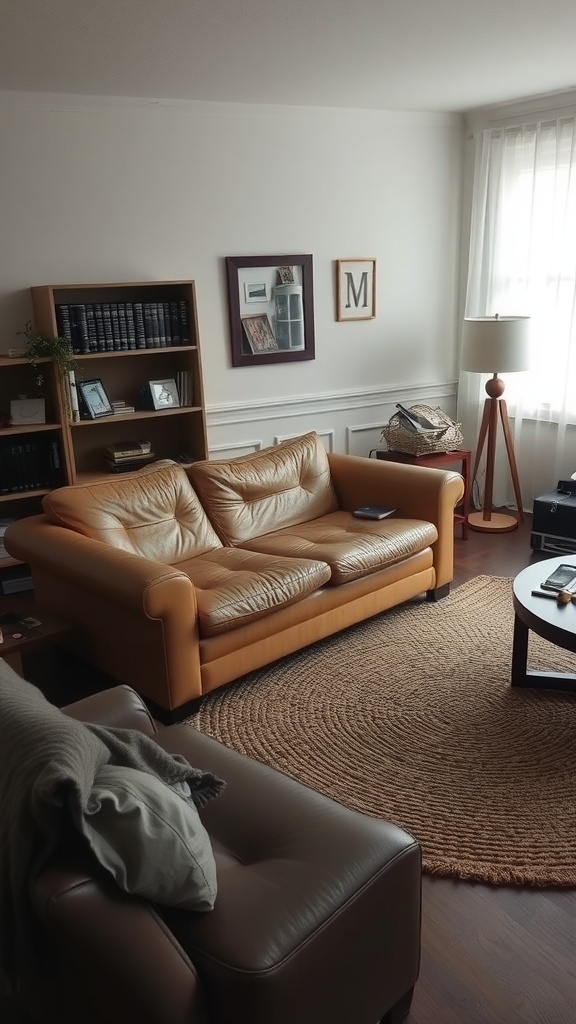 A cozy living room with a leather sofa, woven rug, and warm lighting