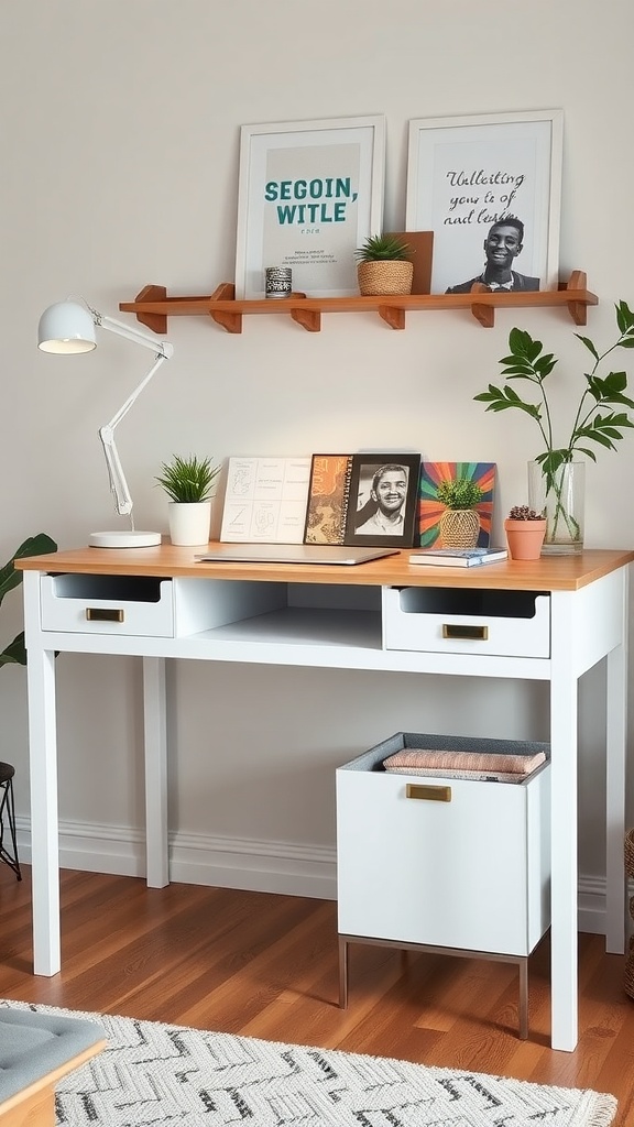 Ikea Alex desk setup with drawers and decor