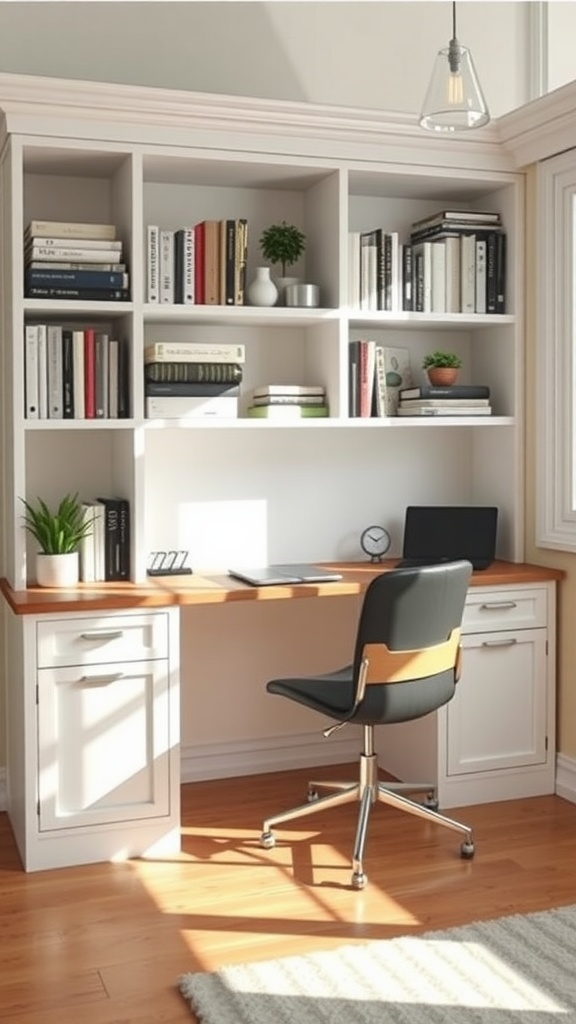 A stylish built-in desk made from an Ikea bookcase, featuring a wooden top, white cabinetry, and open shelves filled with books and plants.