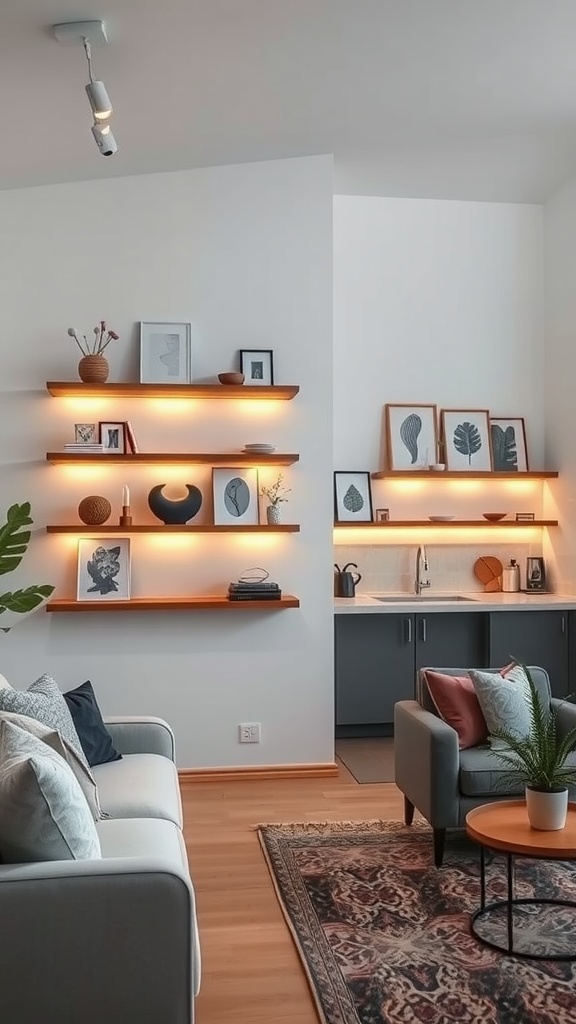 Floating shelves with LED lights illuminating decor in an open living room and kitchen space.