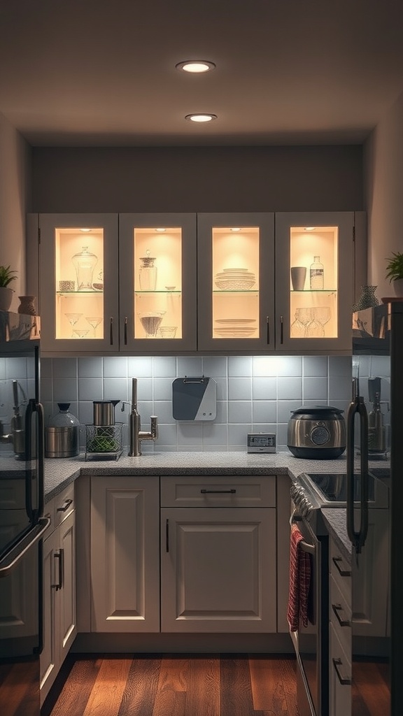 A cozy kitchen featuring illuminated cabinet interiors showcasing glassware and dishware.