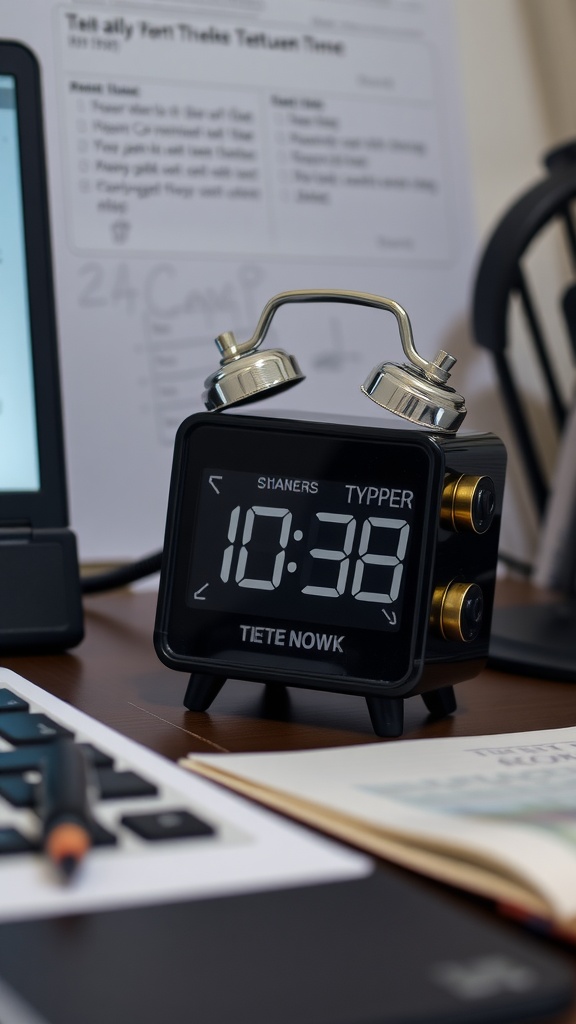 A modern alarm clock displaying 10:38 on a wooden desk with a calculator and notebook